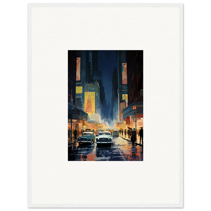 Framed canvas print of a rainy city street at night, perfect wall art for room decoration