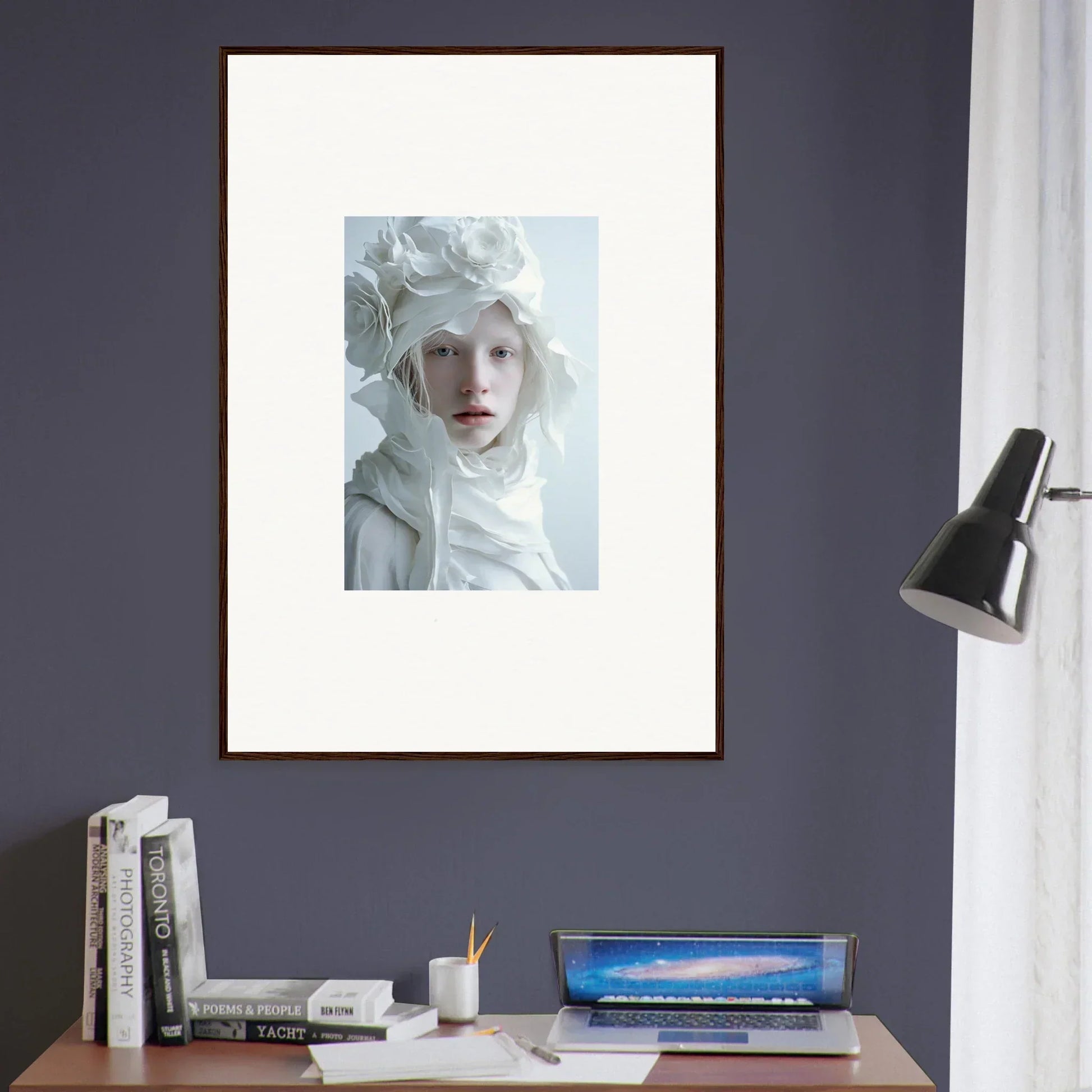 Framed wall art of a person with striking white hair for unique room decor