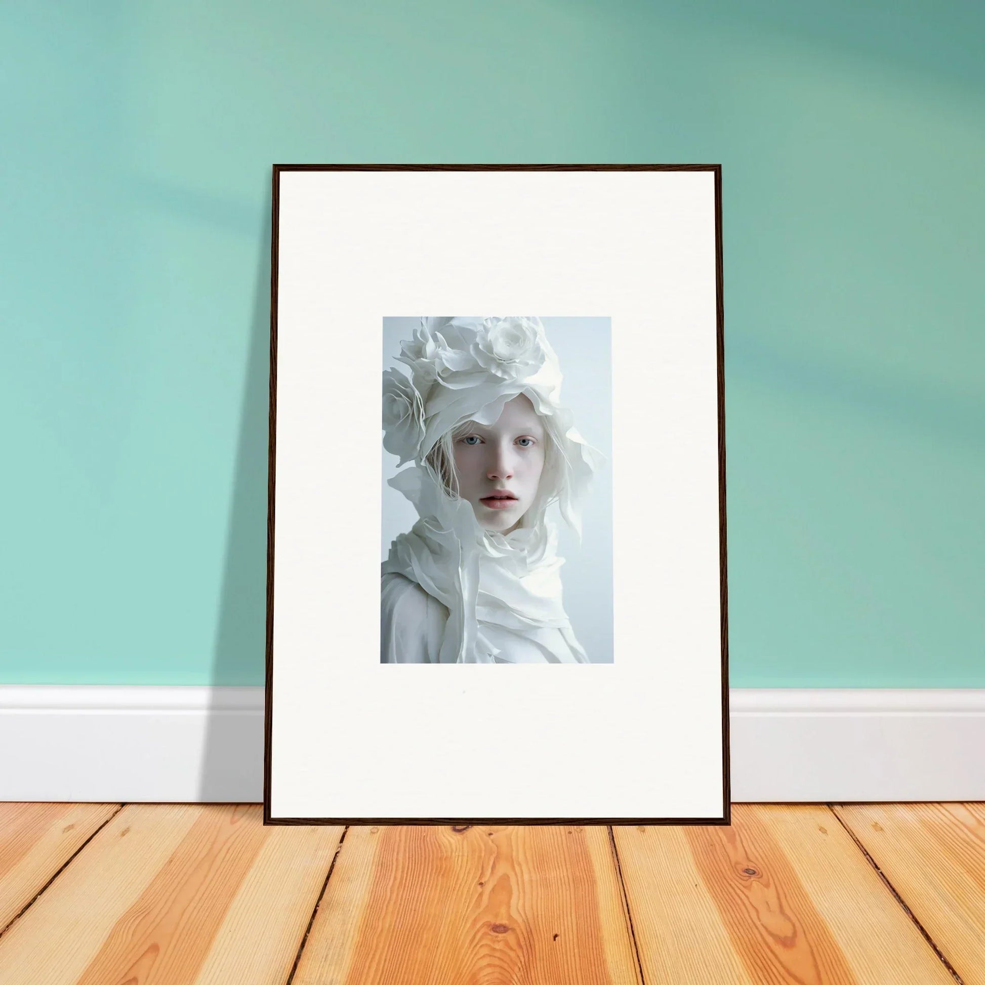 Framed wall art featuring a person with white fabric for elegant room decor