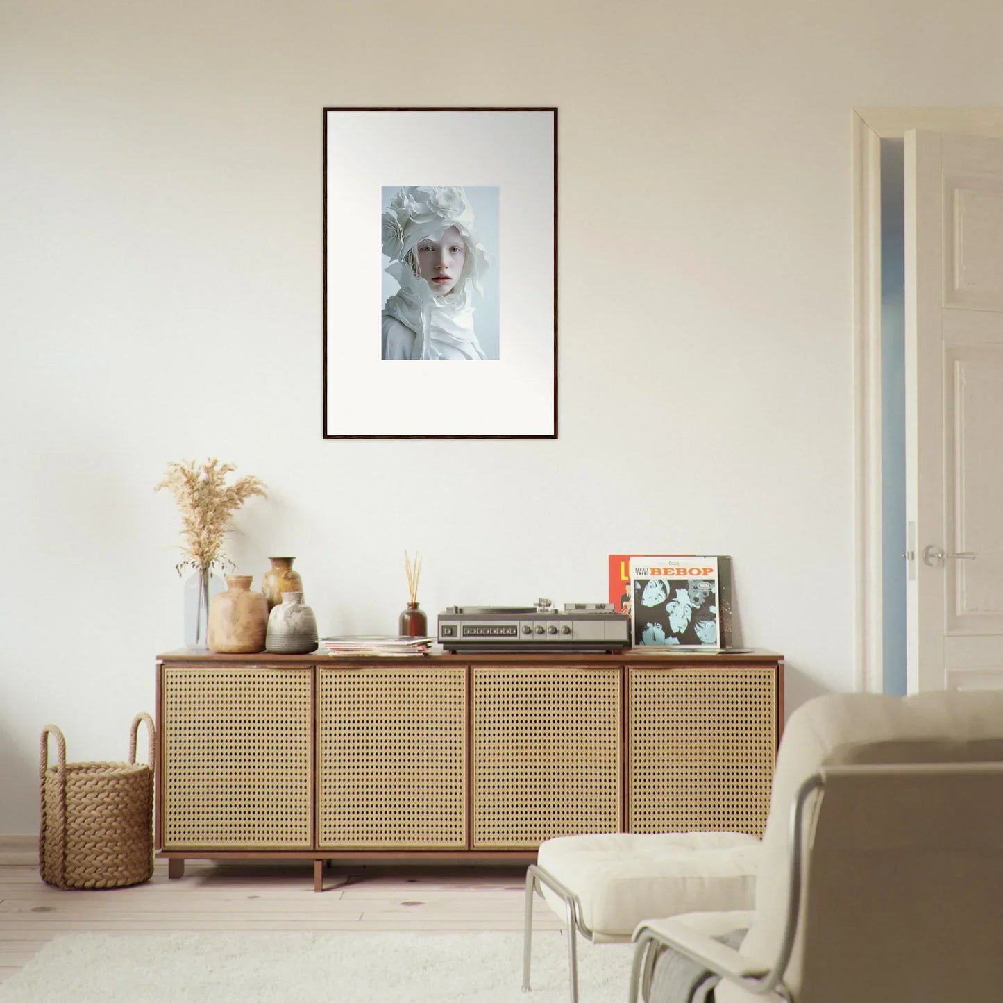 Wooden sideboard with cane-webbed doors, perfect for room decor and displaying framed wall art