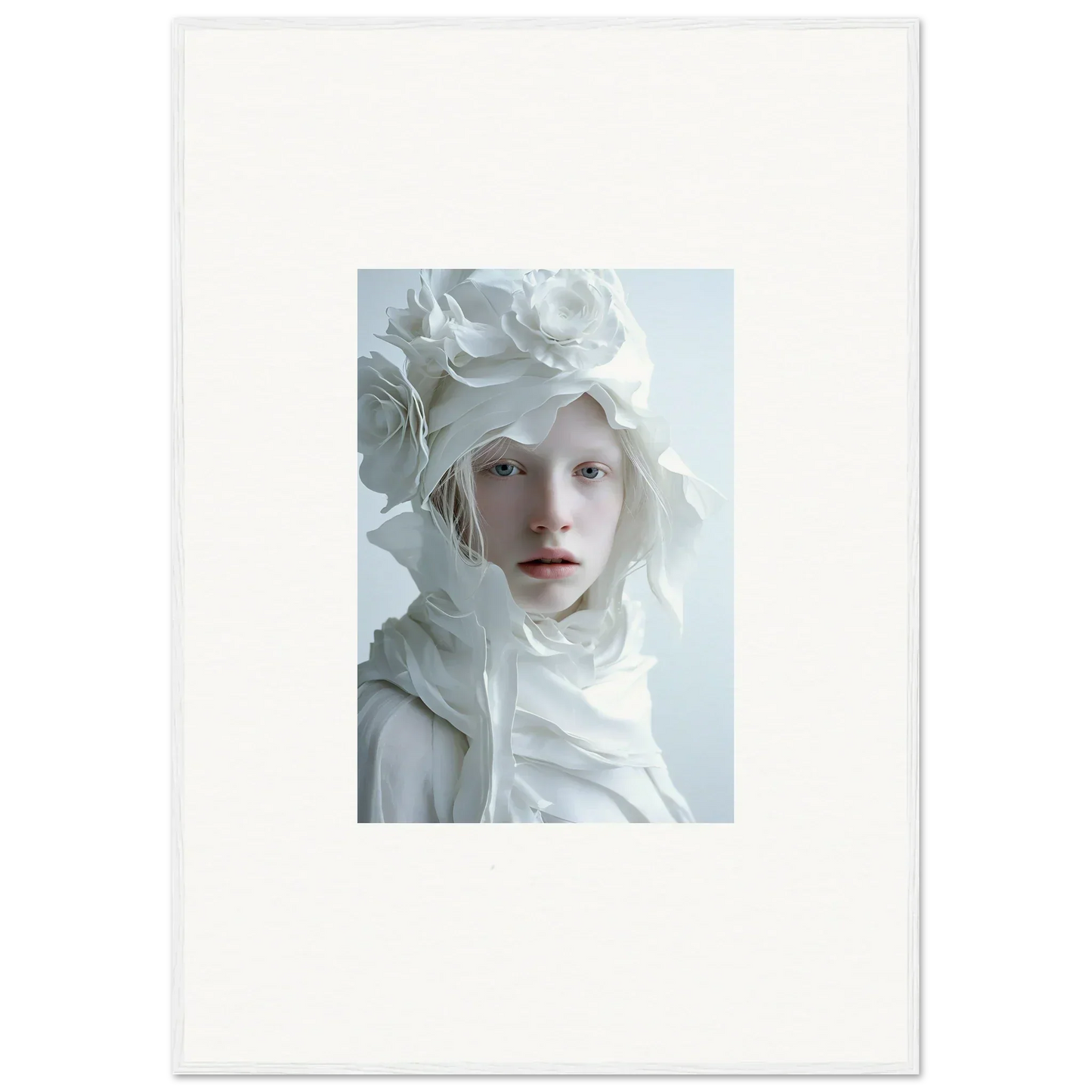 Portrait of a person in white attire and floral headpiece for elegant room decor