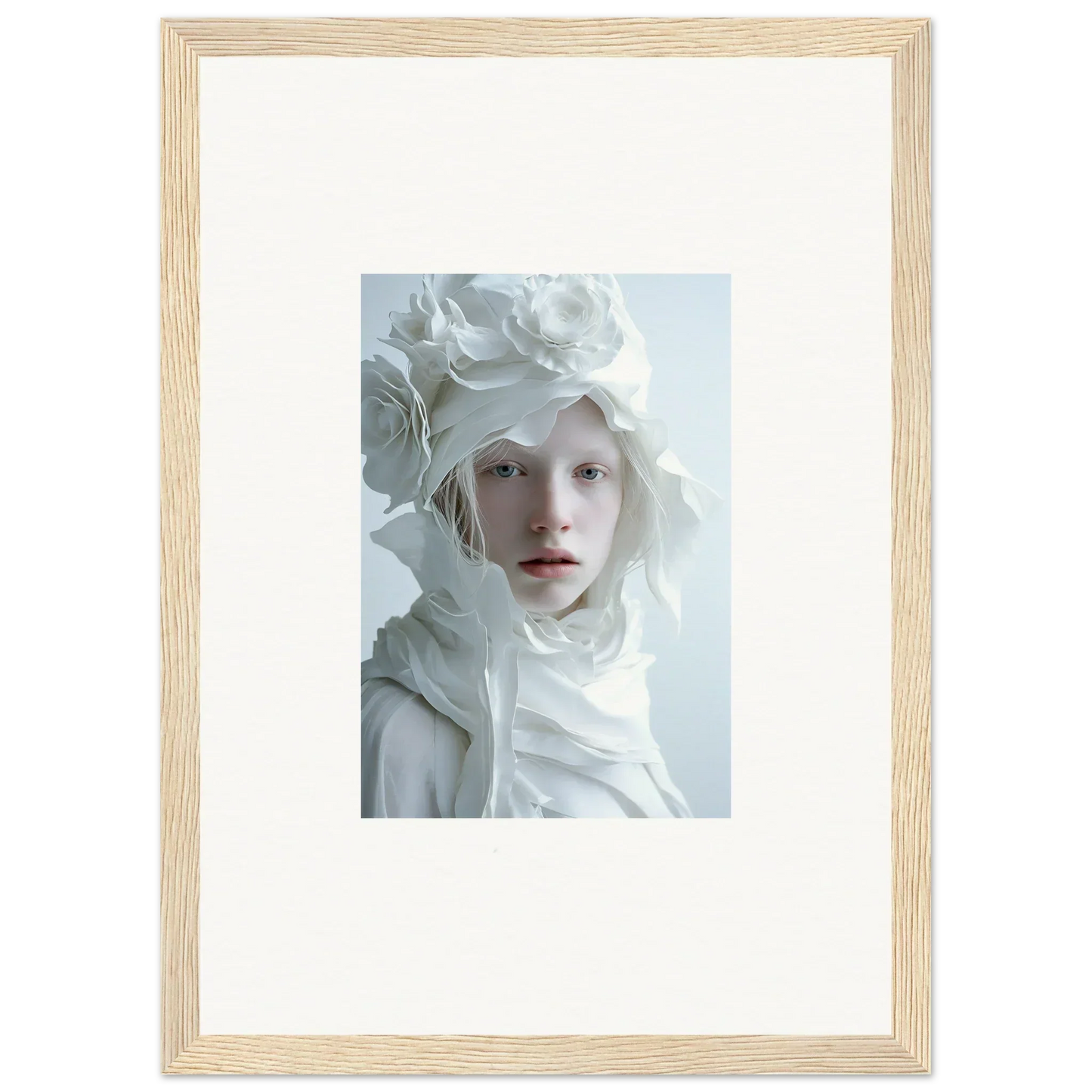 Framed portrait of a person in floral attire, ideal for room decor and wall art