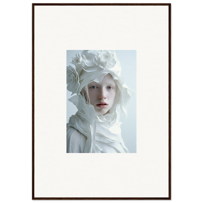 Framed wall art of a person with pale features in white floral attire for elegant room decor