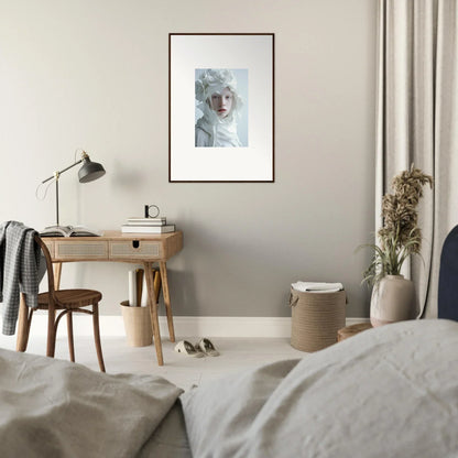 Framed wall art featuring a pale person with a white head covering for unique room decor