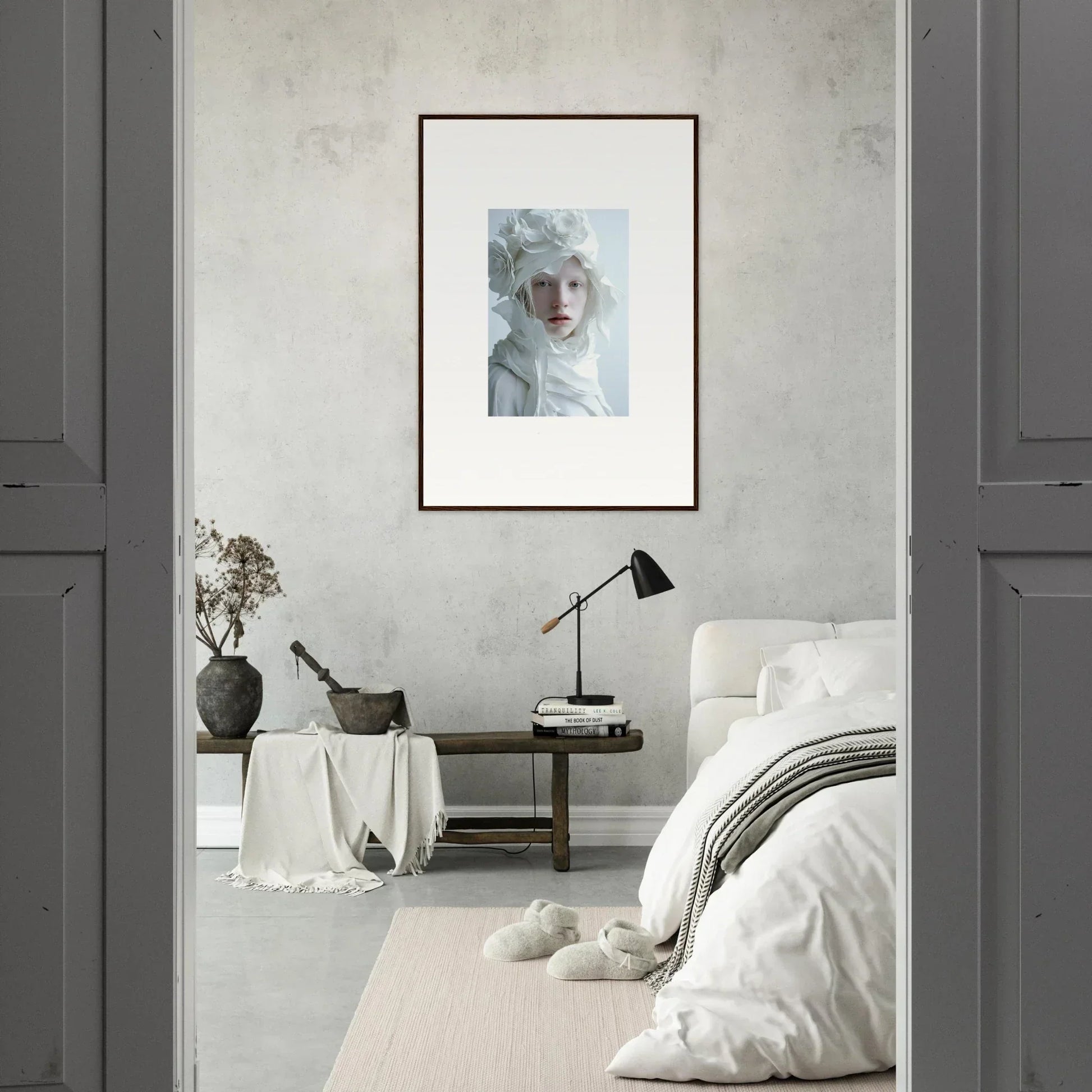 Framed wall art featuring a person with pale features, ideal for elegant room decor