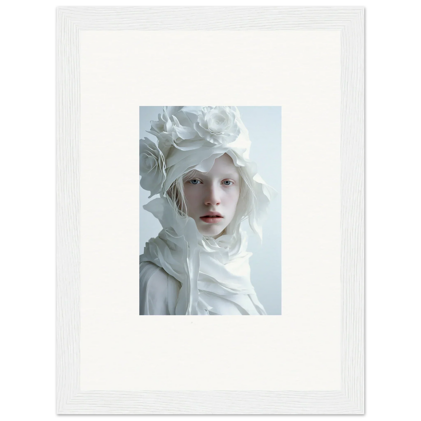 Framed wall art of a person with pale features in a floral headpiece for room decor