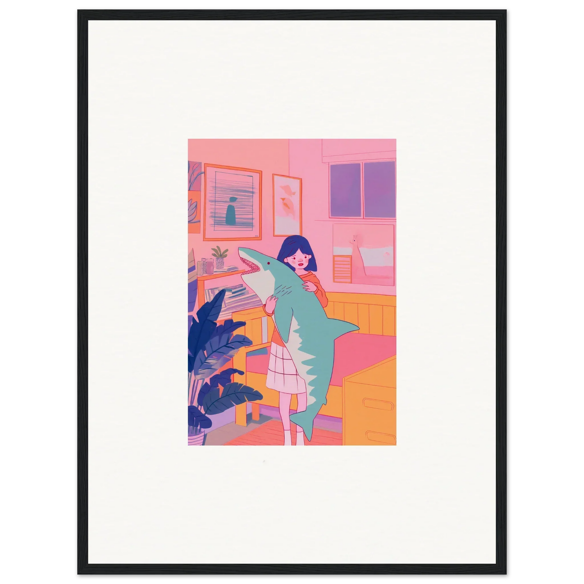Framed canvas print of a stylish woman in a pastel room, perfect for blog fables decor