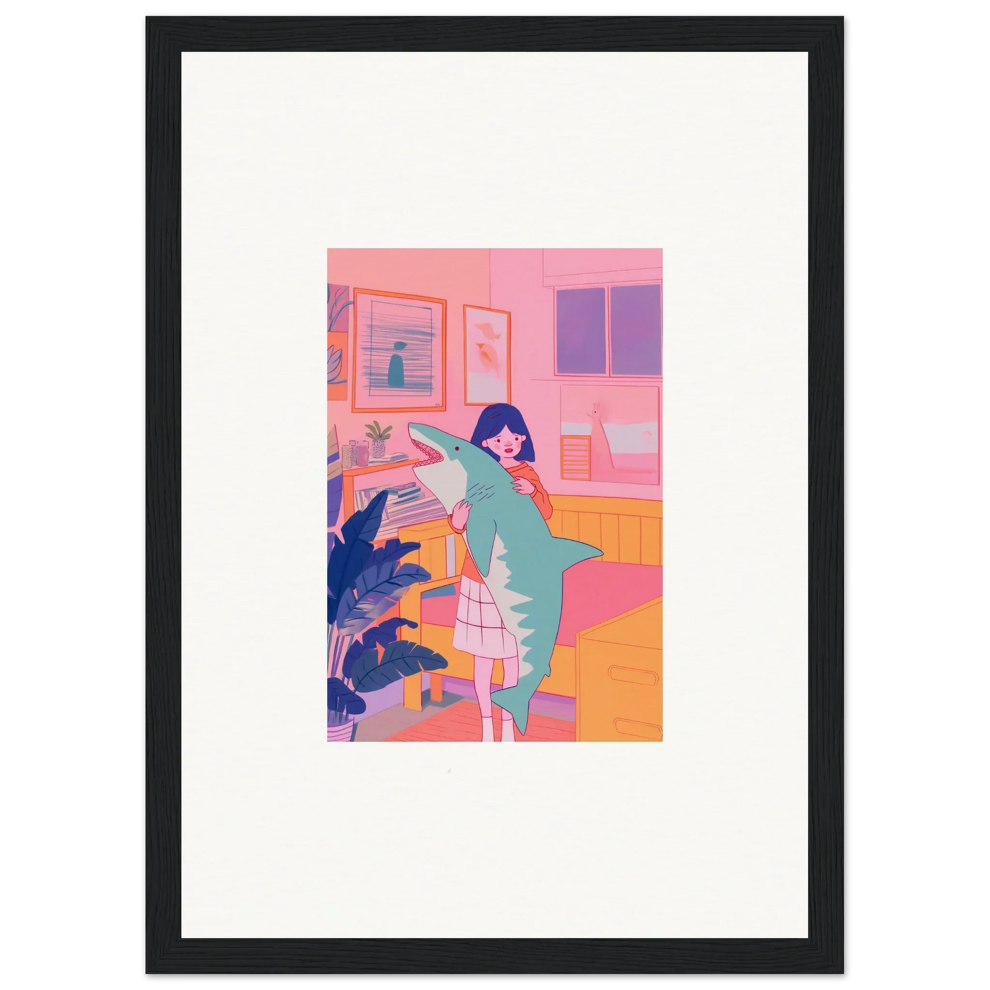 Framed canvas print of a woman stretching in a vibrant room for blog fables decor