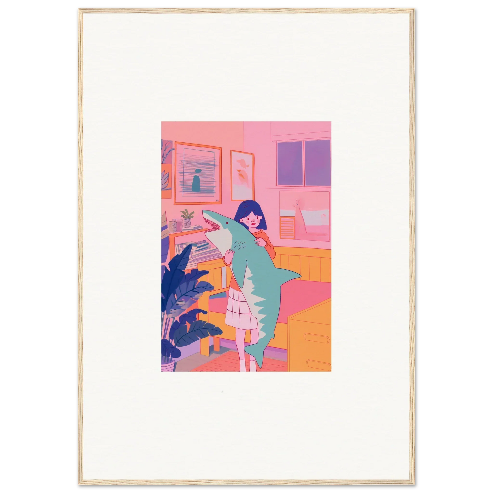 Framed canvas print of a woman stretching in a colorful room, perfect for blog fables lovers