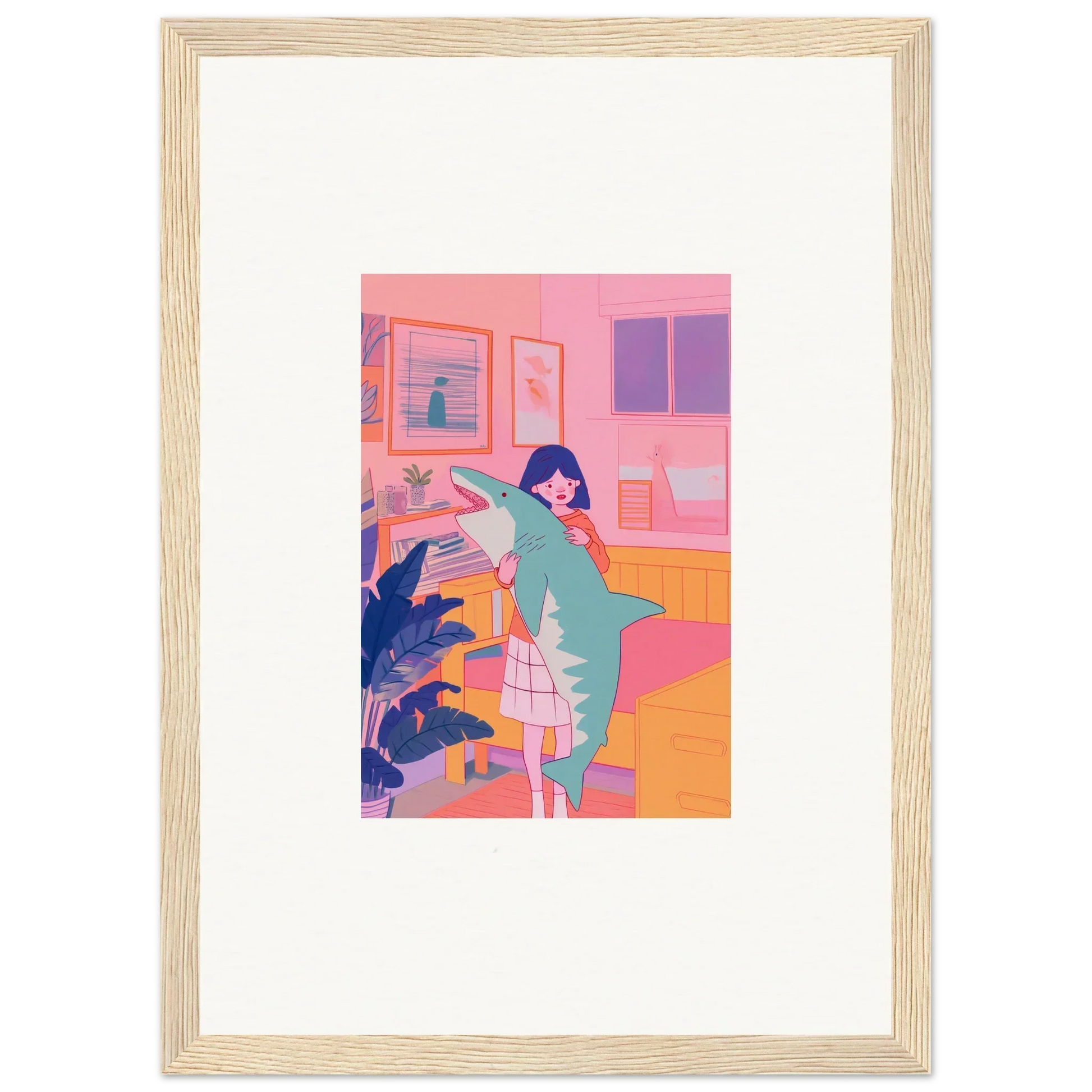 Framed canvas print of a woman in teal outfit in a stylish pink room decoration