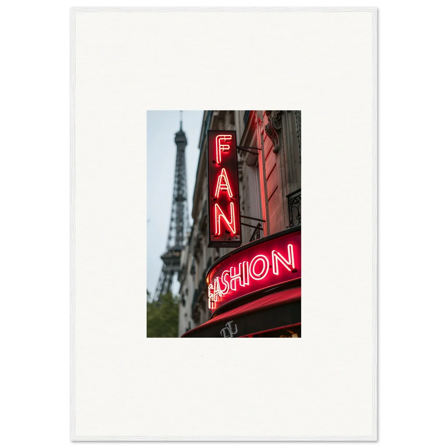 Neon sign FAN FASHION with Eiffel Tower, perfect for room decor and canvas prints