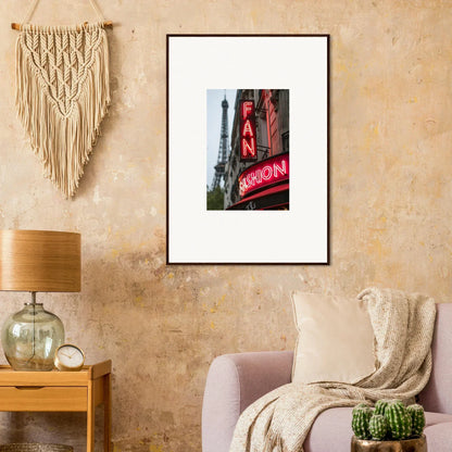 Framed wall art of a red neon sign with the Eiffel Tower, perfect for room decor