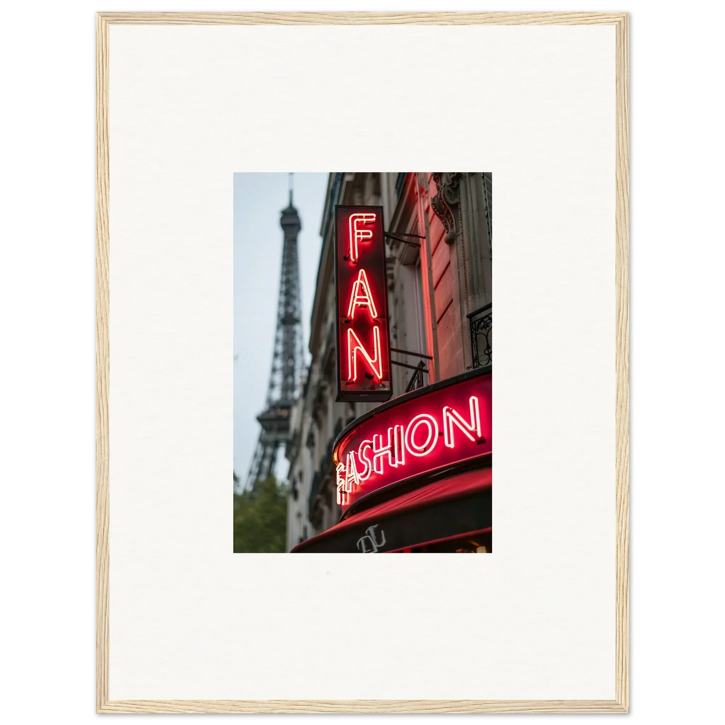 Framed wall art of a neon Fashion sign in Paris with the Eiffel Tower, perfect room decor