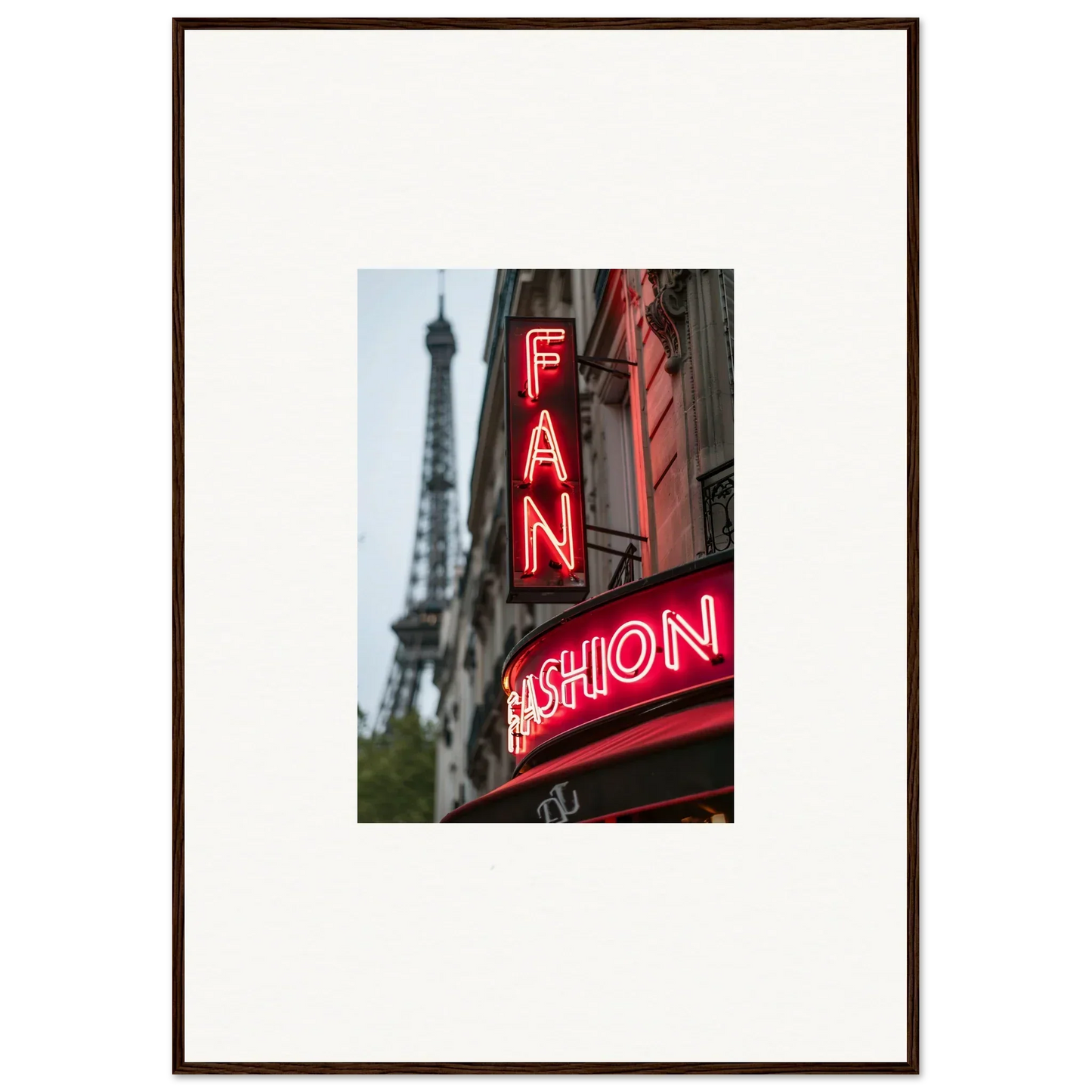 Framed wall art of neon FAN FASHION sign with Eiffel Tower for stylish room decor