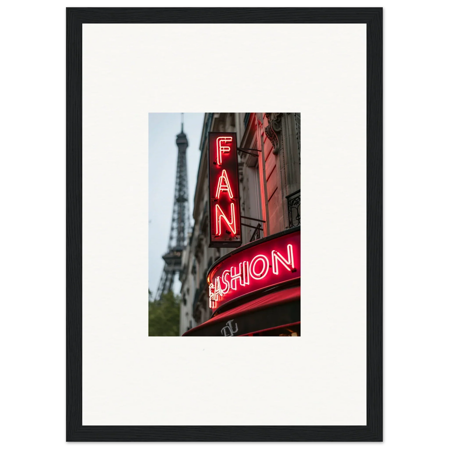 Framed wall art of neon FAN FASHION sign with Eiffel Tower, perfect for room decor