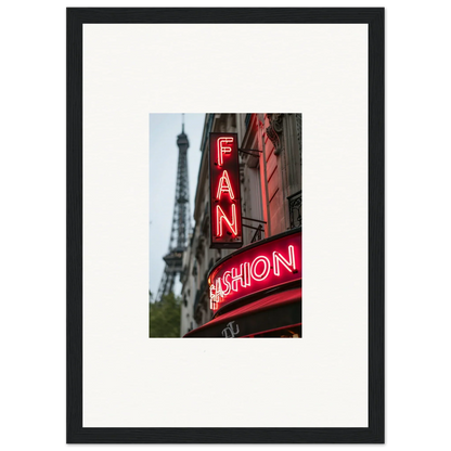 Framed wall art of neon FAN FASHION sign with Eiffel Tower, perfect for room decor