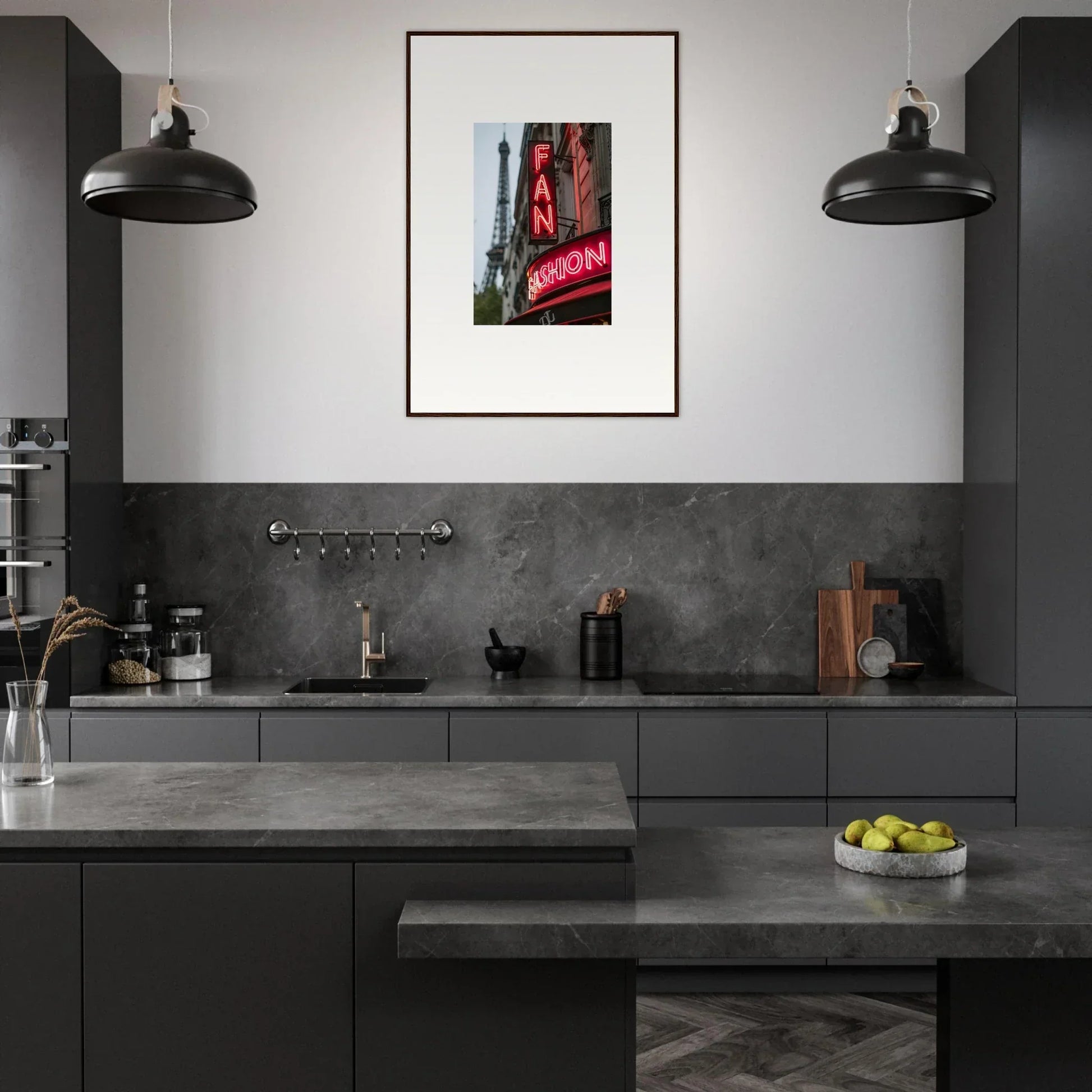 Modern dark gray kitchen featuring colorful framed wall art for stylish room decor