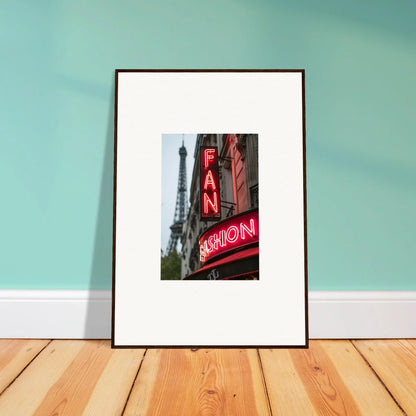 Framed wall art featuring a neon FAN sign with the Eiffel Tower for stylish room decor