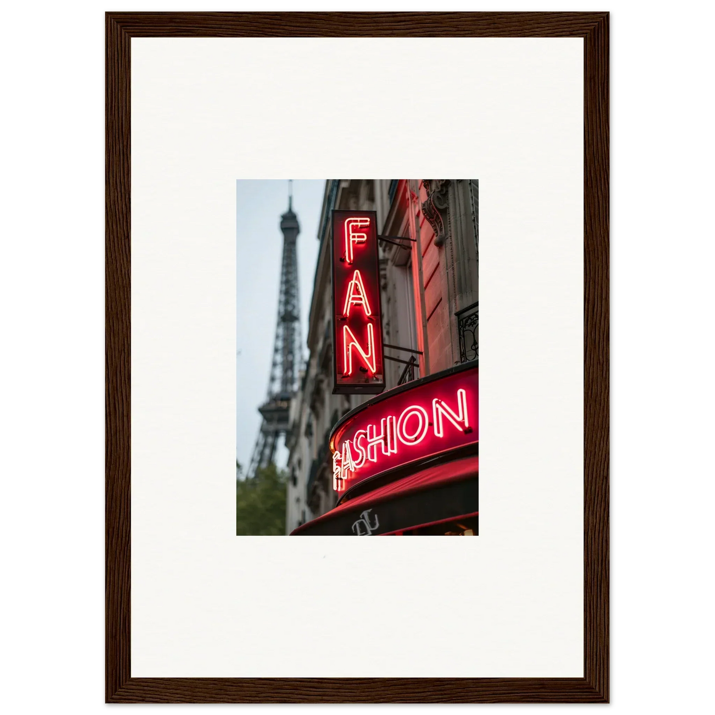 Framed wall art of neon FAN FASHION sign with Eiffel Tower, ideal for room decor