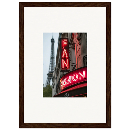 Framed wall art of neon FAN FASHION sign with Eiffel Tower, ideal for room decor