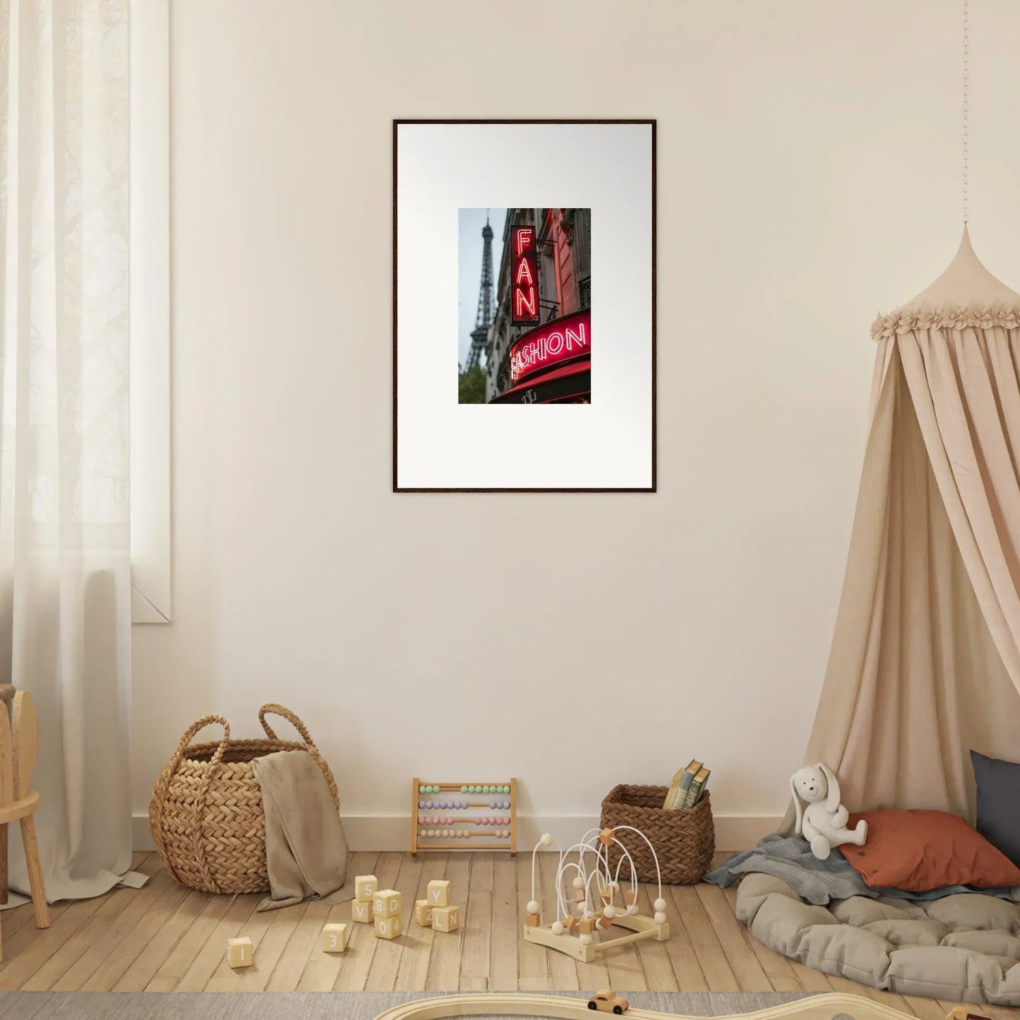 Framed wall art of a neon sign against a city backdrop for stylish room decor