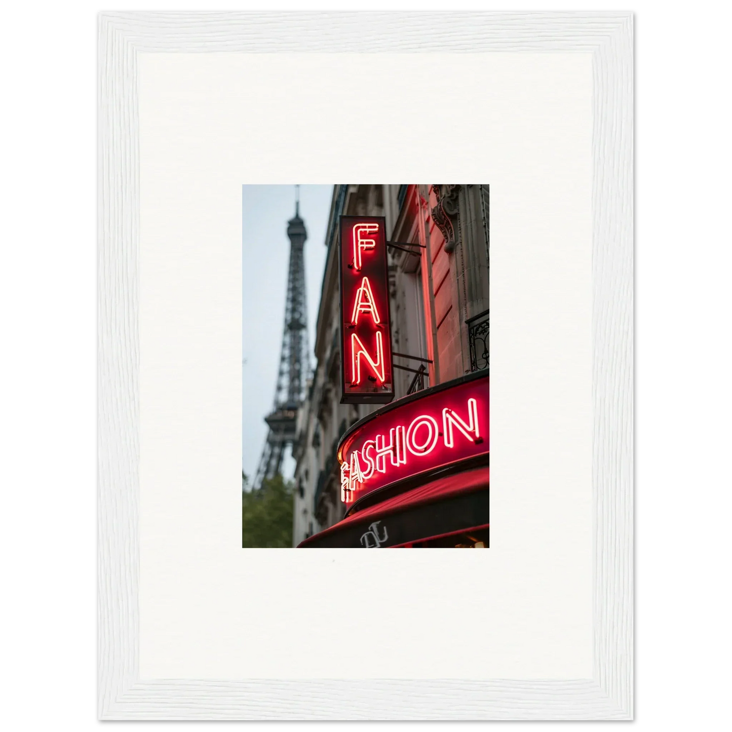 Neon sign FAN FASHION in front of Eiffel Tower, ideal for room decor or canvas prints