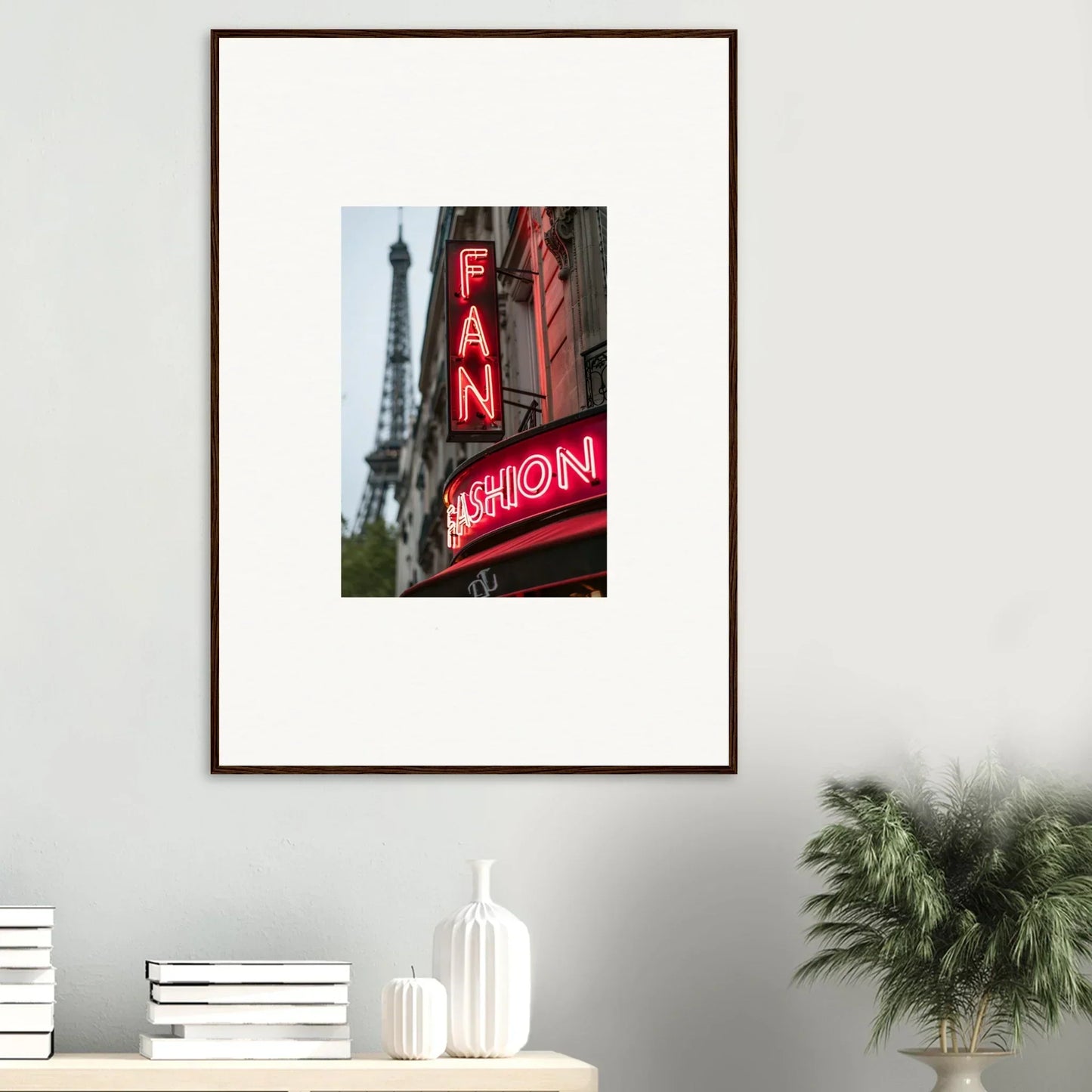 Framed wall art of a neon FAN sign with the Eiffel Tower, perfect for room decor