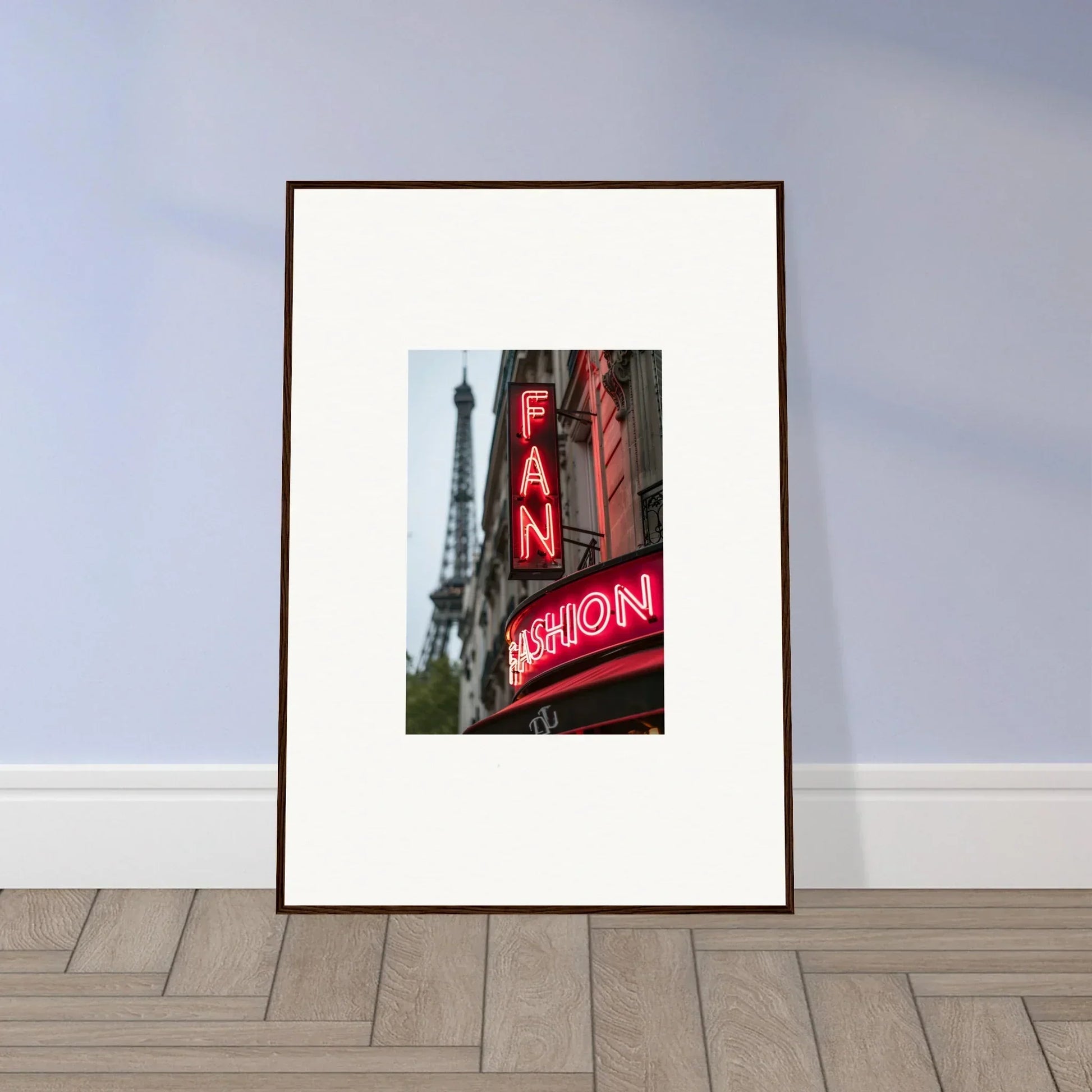 Framed wall art of neon FAN sign with Eiffel Tower, perfect for room decor