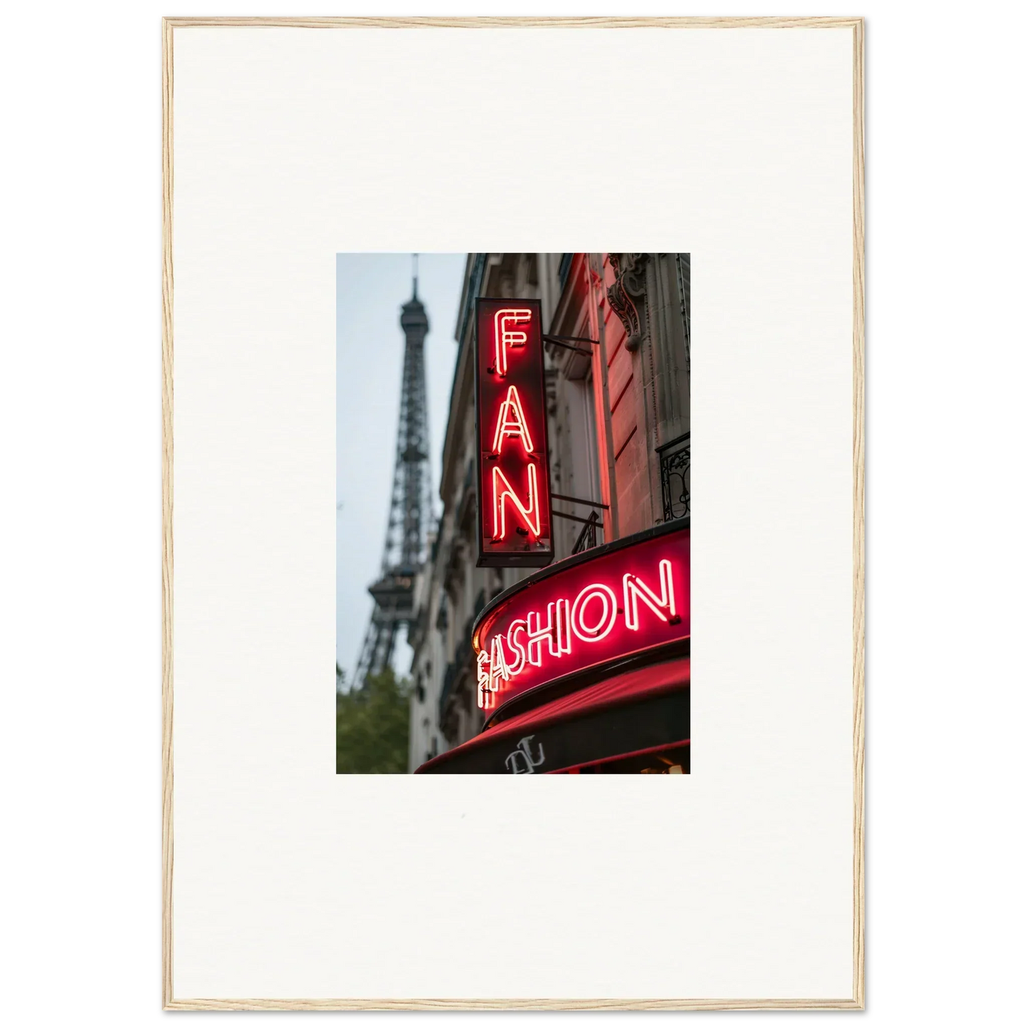 Framed wall art of a neon FAN FASHION sign with the Eiffel Tower for stylish room decor