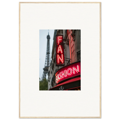 Framed wall art of a neon FAN FASHION sign with the Eiffel Tower for stylish room decor