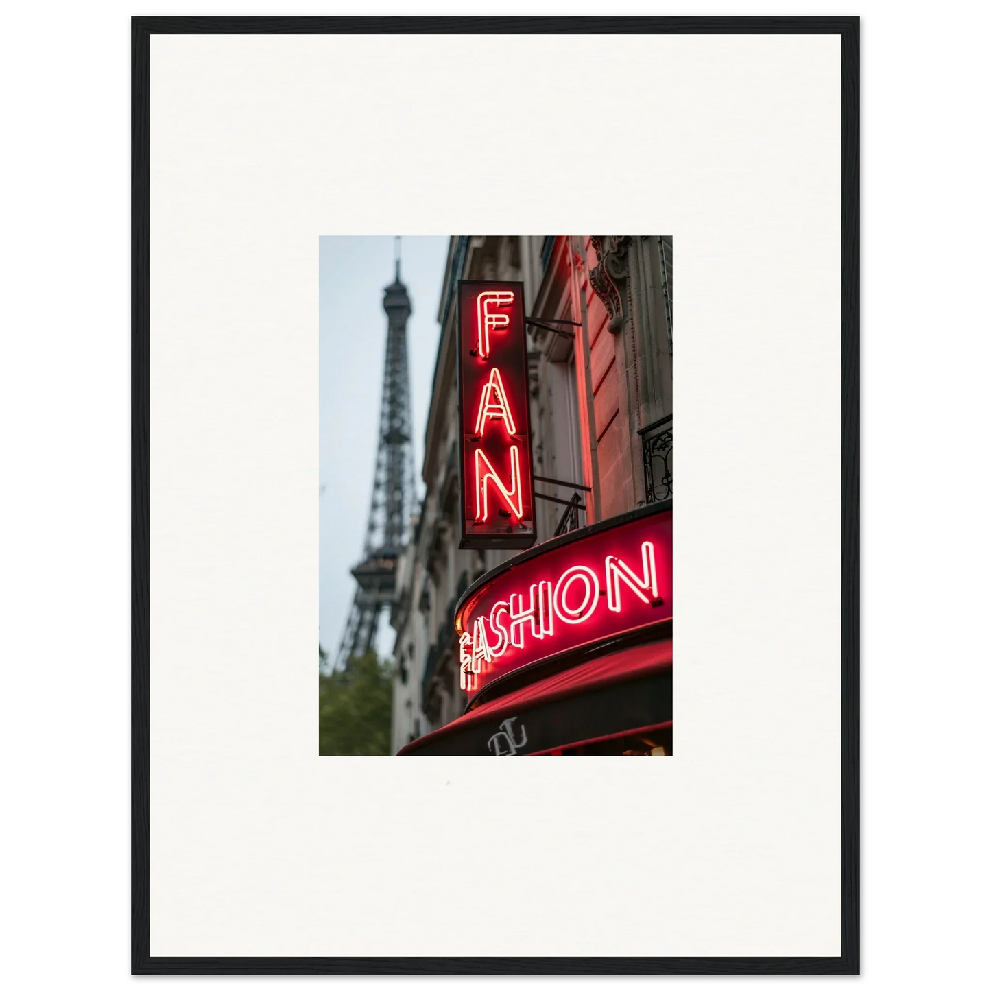 Framed wall art featuring a neon FAN FASHION sign with the Eiffel Tower backdrop