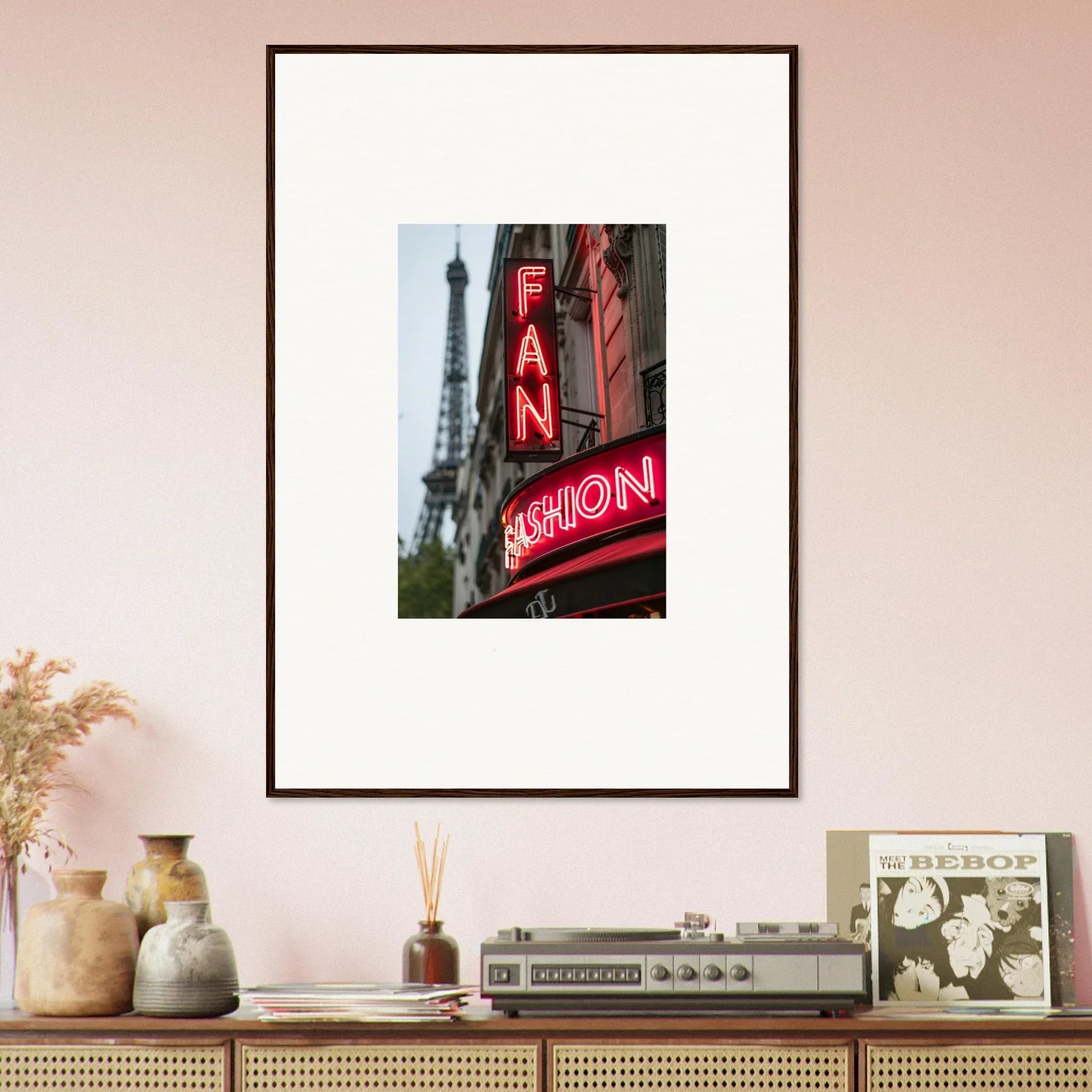 Framed wall art of neon FAN sign with Eiffel Tower for stylish room decor