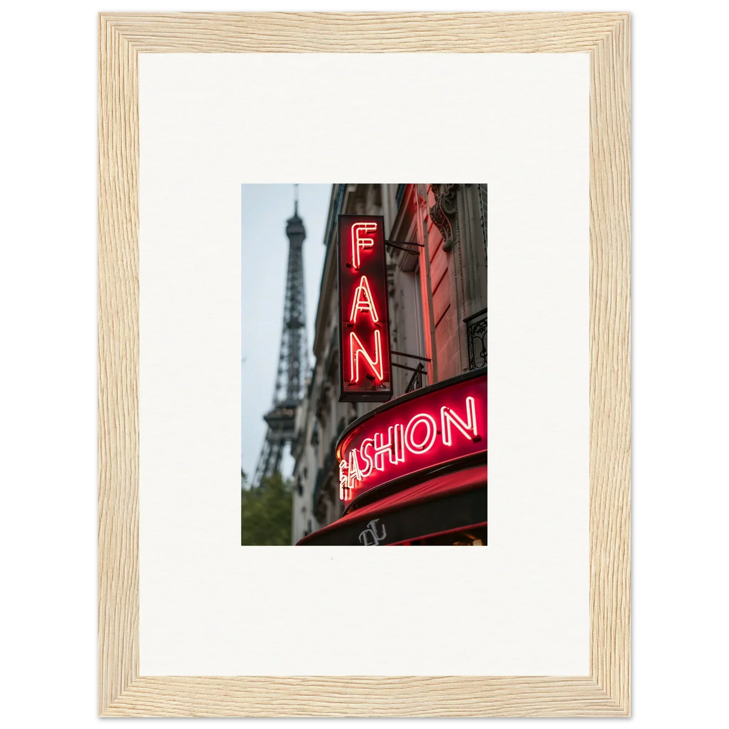 Framed wall art of a neon Fashion sign with Eiffel Tower, perfect room decor