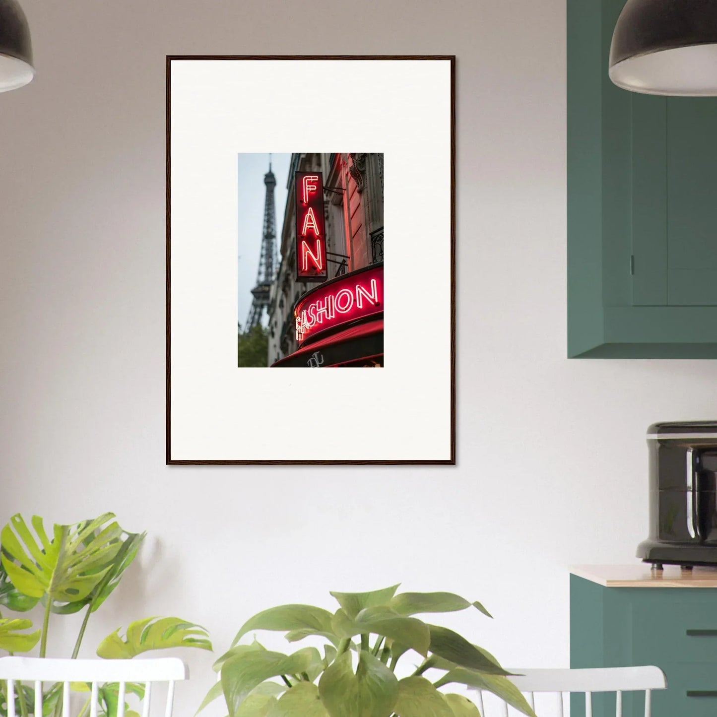 Framed wall art of a neon FAN sign with Eiffel Tower, perfect for room decor