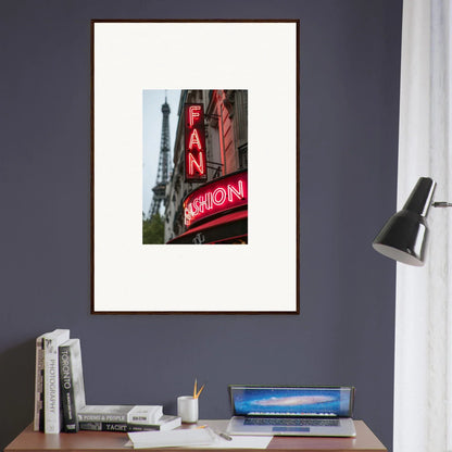 Framed wall art featuring a neon FAN sign with the Eiffel Tower, ideal for room decor