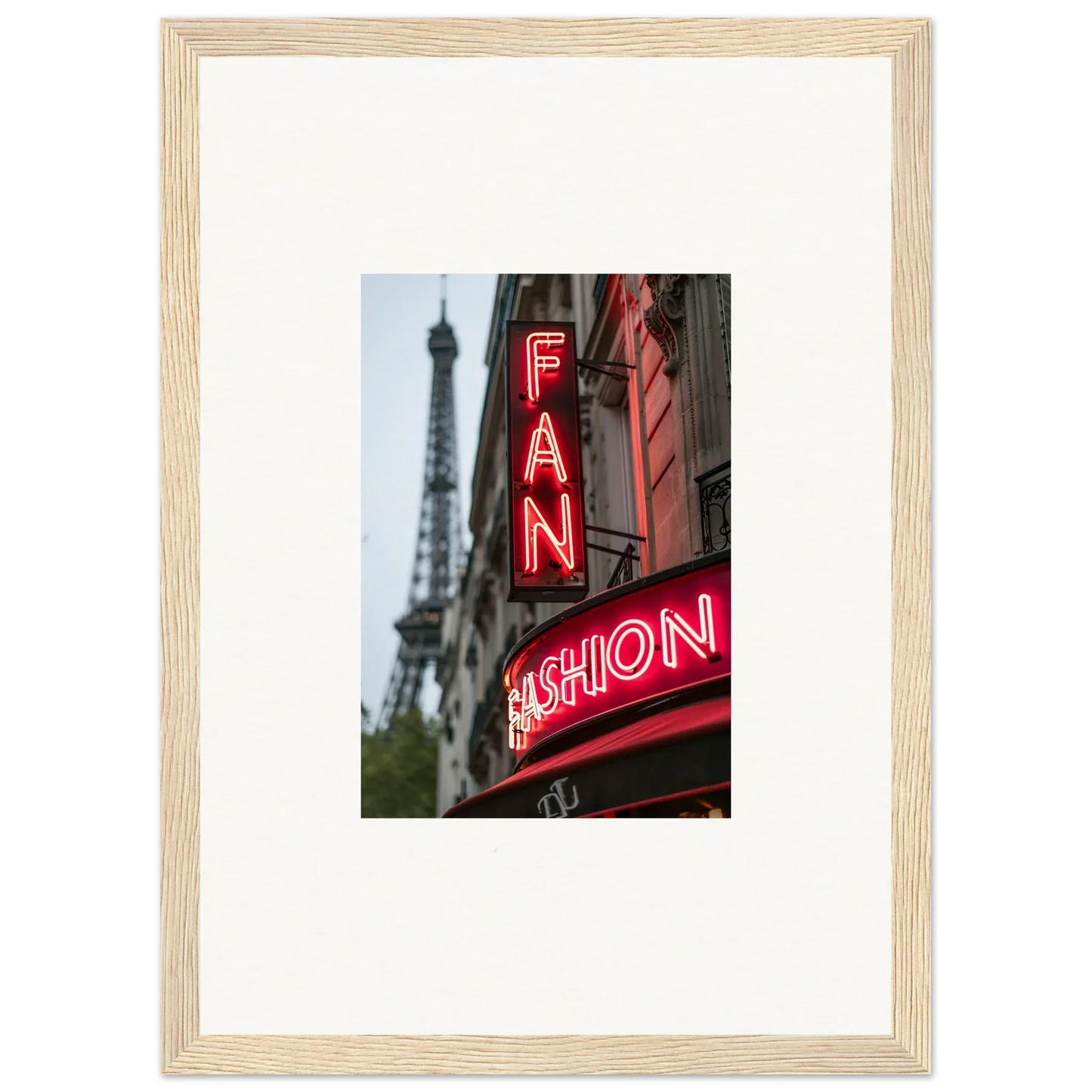 Framed photograph of Neon FAN FASHION sign with Eiffel Tower, perfect room decor