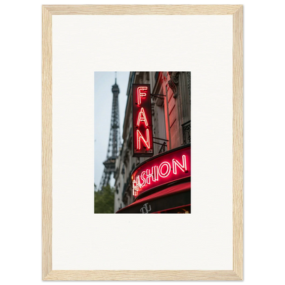 Framed photograph of Neon FAN FASHION sign with Eiffel Tower, perfect room decor