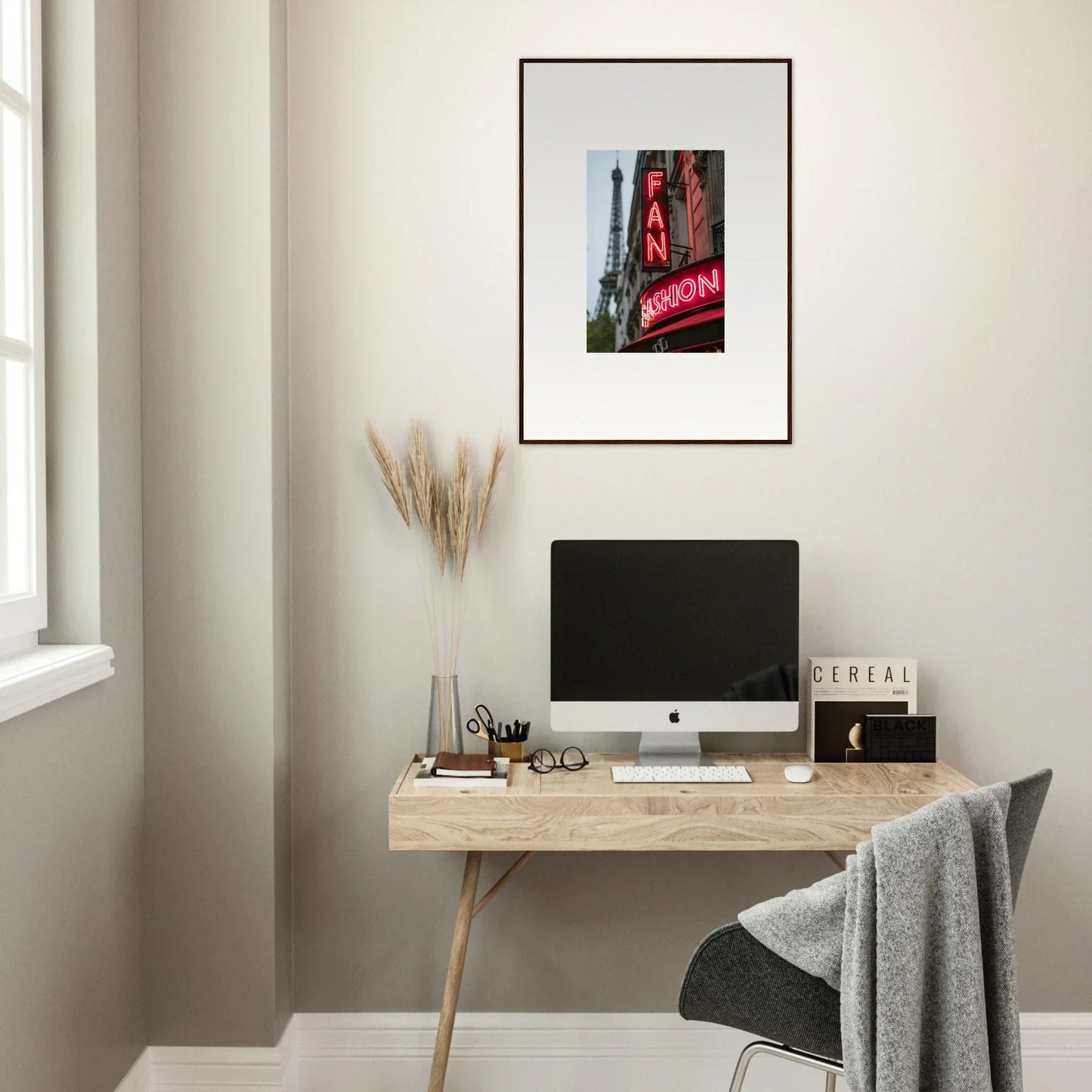 Minimalist wooden desk with computer monitor, perfect for stylish room decor and office essentials