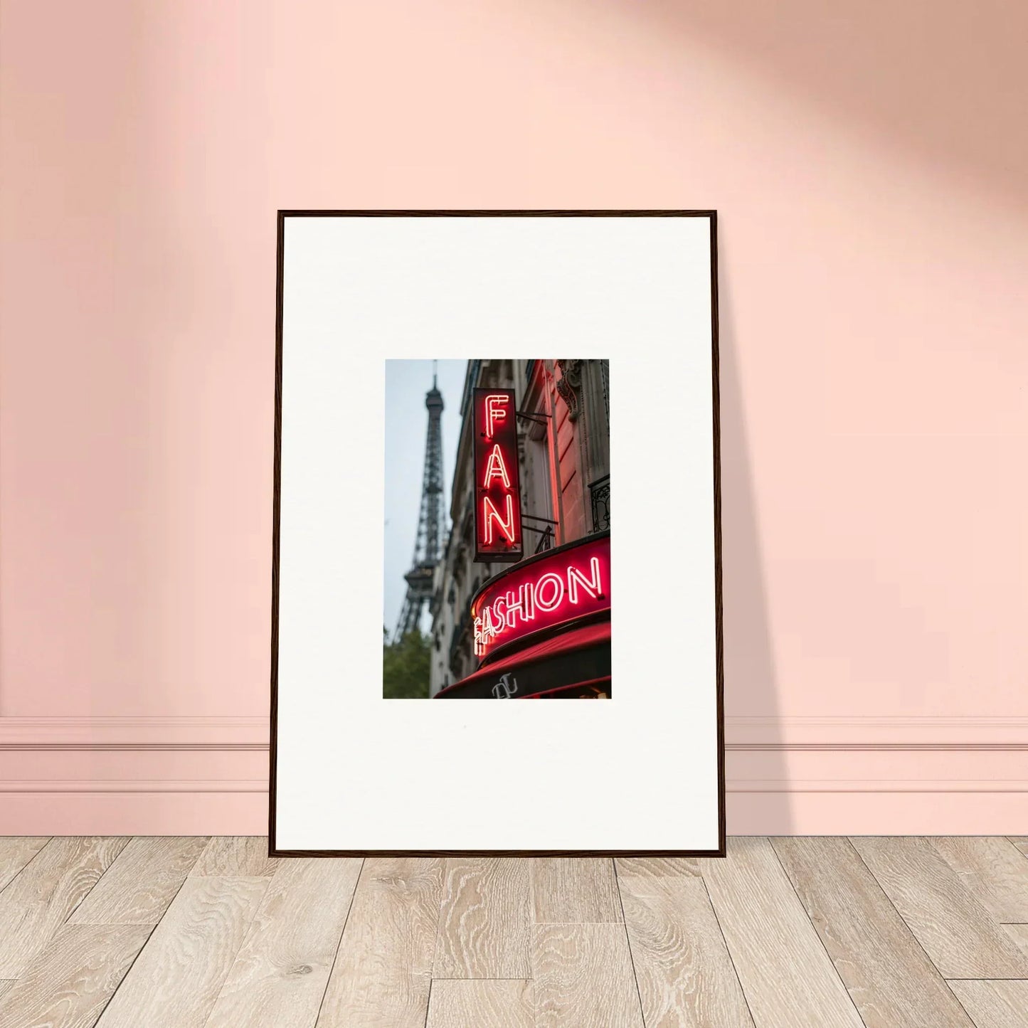 Framed wall art of a red neon CAN CAN sign with Eiffel Tower, ideal for room decor