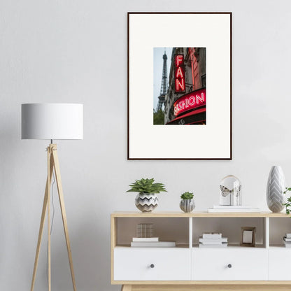 Framed wall art featuring Eiffel Tower and red neon sign for stylish room decor