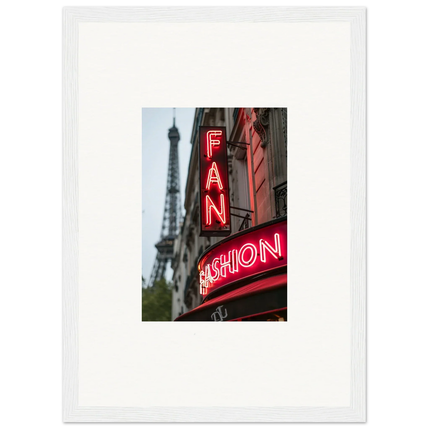 Neon sign FAN FASHION with Eiffel Tower, perfect for room decor and canvas prints