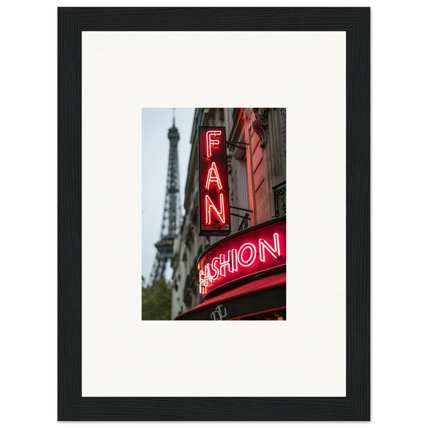 Framed wall art of neon Fan Fashion sign with Eiffel Tower background for stylish room decor