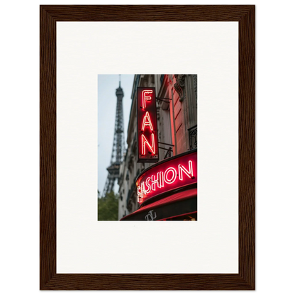 Framed wall art of a neon FAN FASHION sign with the Eiffel Tower for stylish room decor