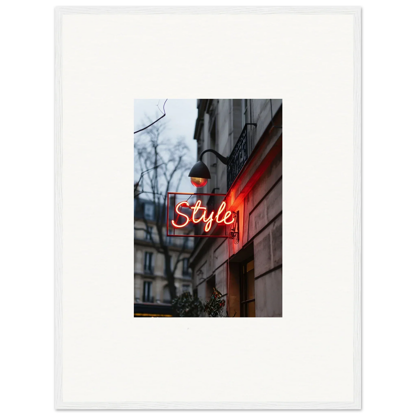 Neon sign spelling Style on a building, perfect for Drift Dreams room decoration canvas print