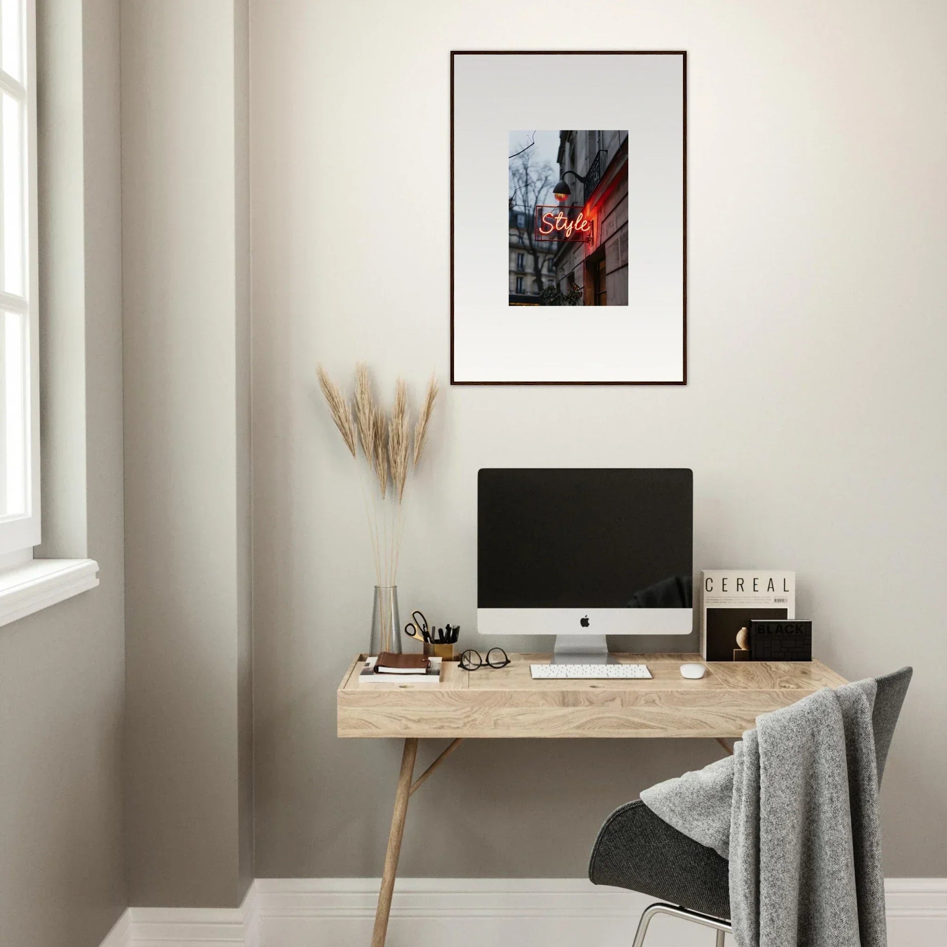 Minimalist wooden desk set up with computer monitor and stylish office accessories for drift dreams