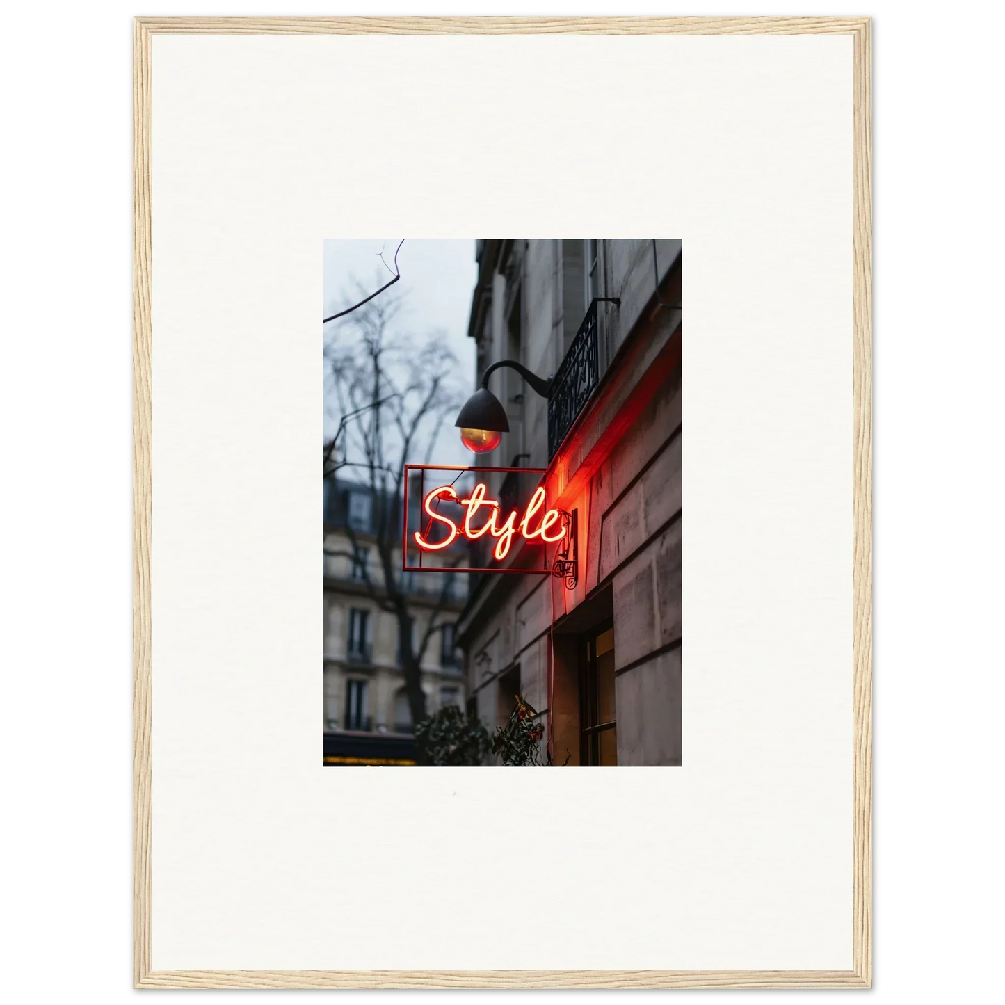 Neon sign saying Style on building, perfect for Drift Dreams room decoration canvas print