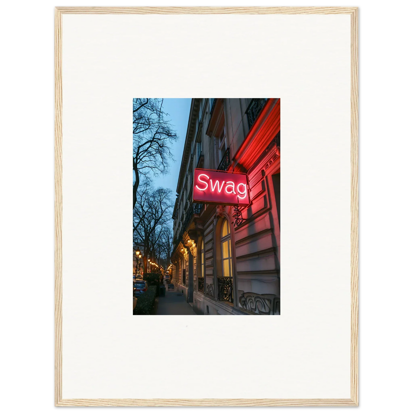 Neon red Swag sign on facade, perfect for room decor and framed wall art with eternal whispers