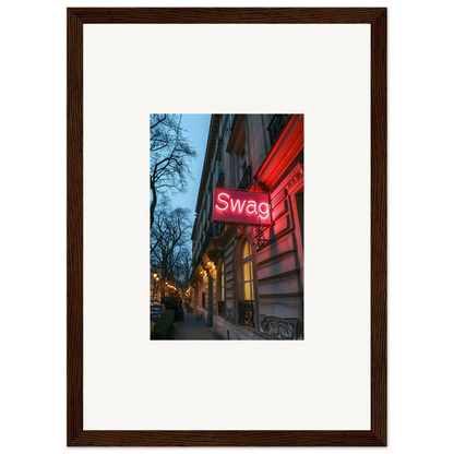 Framed wall art of glowing red Swag sign on building, perfect for Eternal Whispers room decor