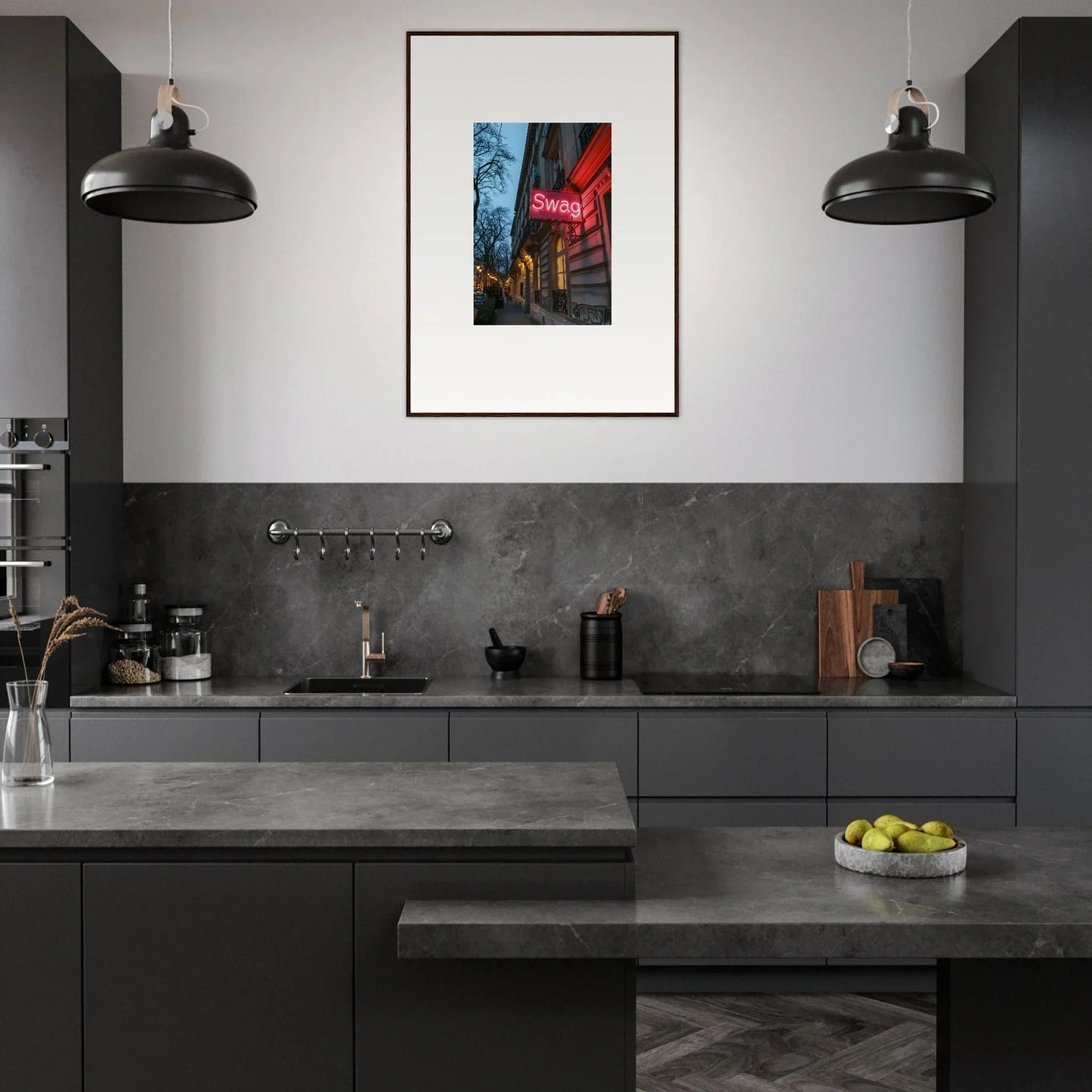 Modern kitchen with dark cabinetry, concrete countertops, and Eternal Whispers wall art