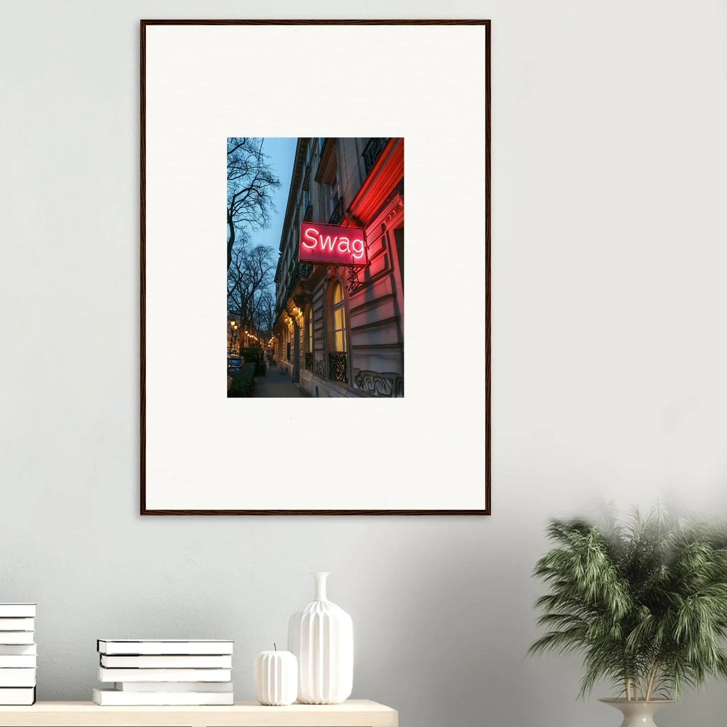 Framed wall art of glowing red Swag neon sign for unique room decor and eternal whispers